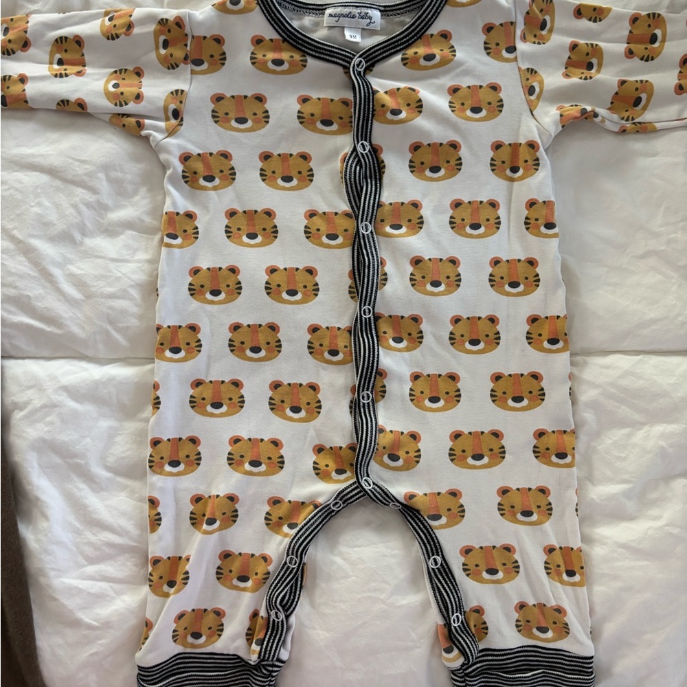 Magnolia Baby Tiger Print Onesie with Black and White Trim